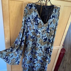 SUGAR Lips blue grey brown floral print v neck Dress with bell sleeves Medium